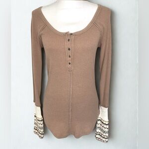 Free People Boho Waffle Knit Henley Shirt Crochet Cuffs Women XS